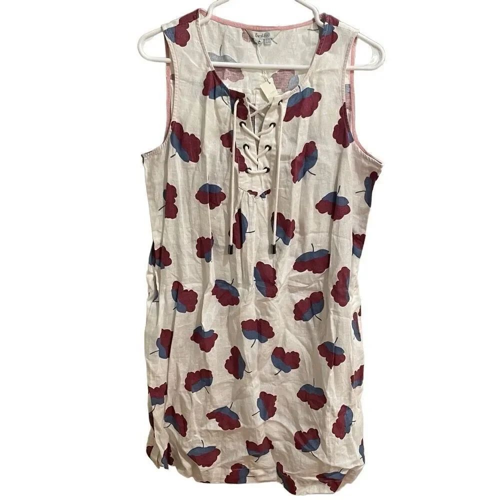 Boden Womens Linen Tunic Anna Dress US 10 White Printed Dream Laced Neckline